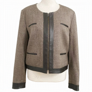 JUDITH & CHARLES BROWN WOOL LEATHER COMBO FULL ZIP COLLARLESS BOXY JACKET - 12